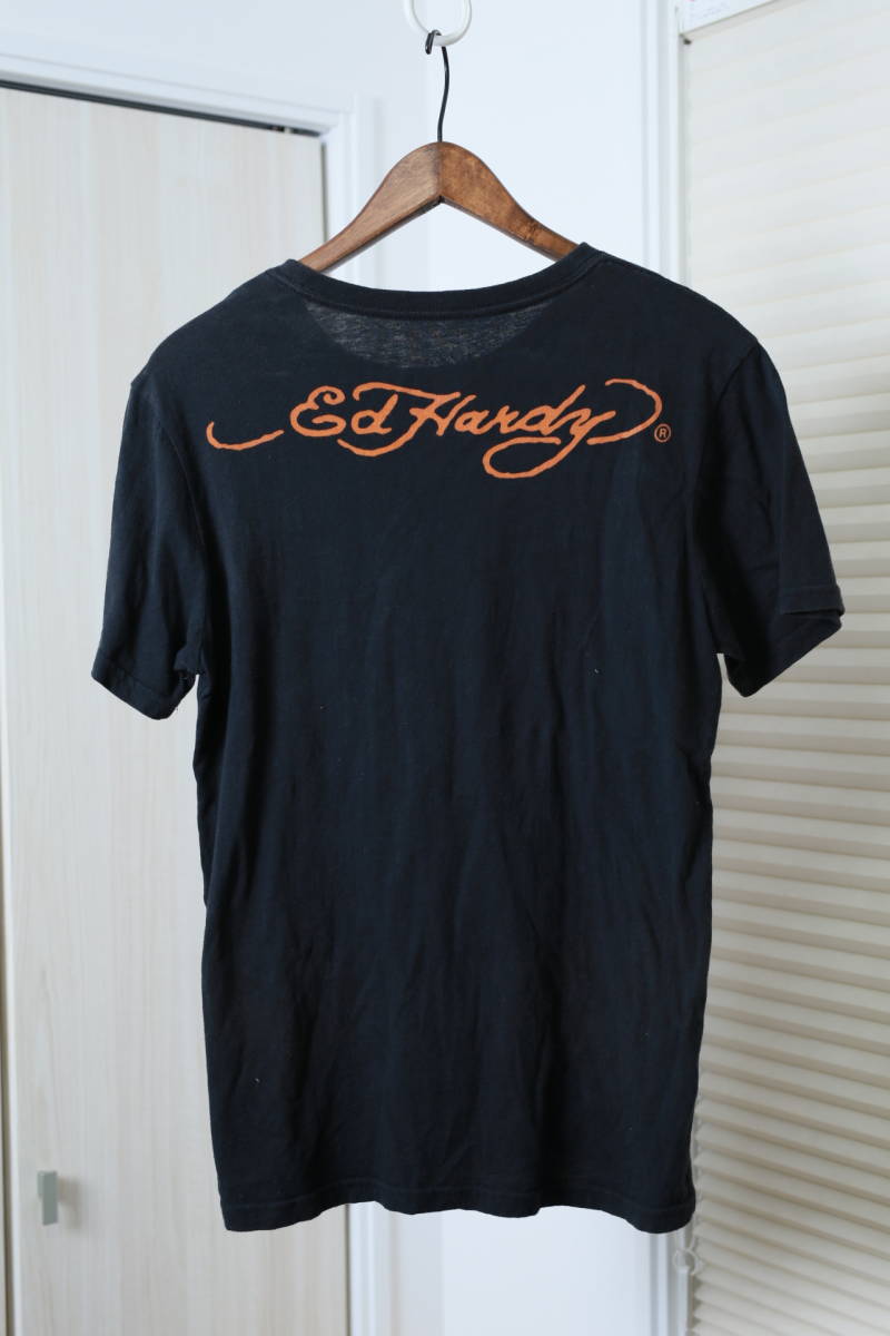 ★Ed Hardy エドハーディー タトゥ風刺繍プリント半袖Tシャツ　　古着ユーズド男性メンズ服S黒ブラックトップスカットソー刺青スカルハート_画像9