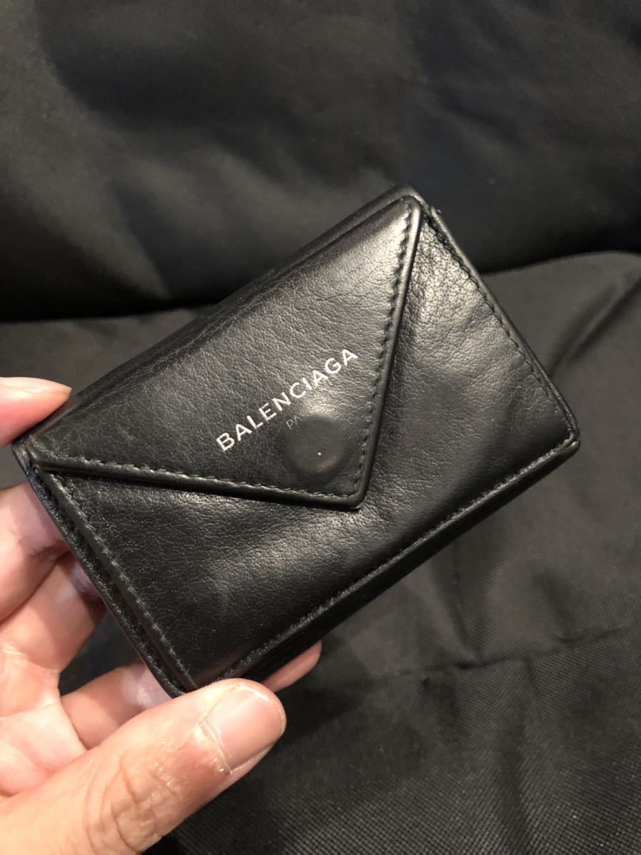 BALENCIAGA バレンシアガ ペーパーミニウォレット ミニ財布 三つ折り財布 レザー ブラック FK