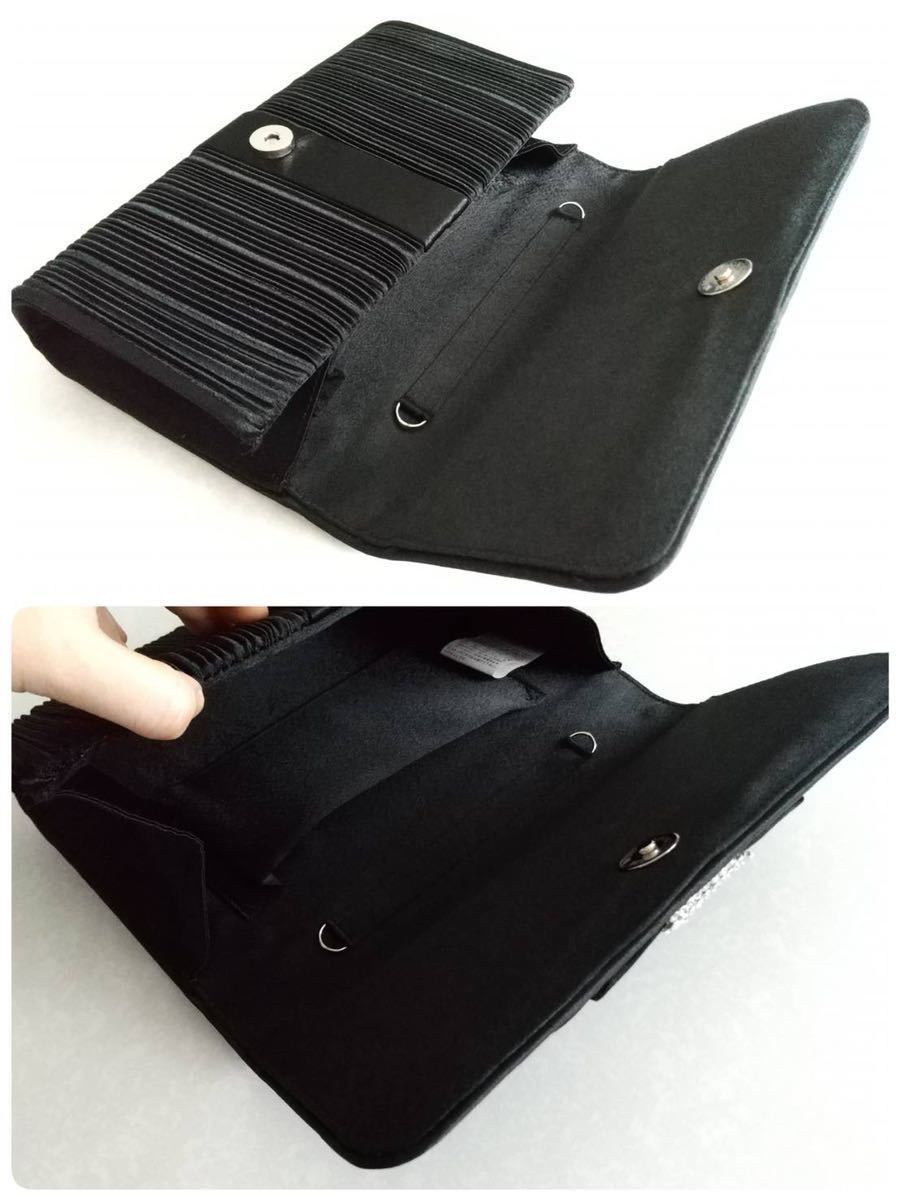 [ postage included prompt decision ] satin pleat rhinestone attaching 2WAY clutch bag ribbon black pouch wedding two next . party [ new goods unused ]