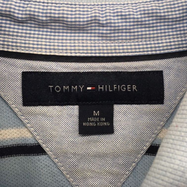 TOMMY HILFIGER　トミーヒルフィガー　ボーダー　半袖ポロシャツ　水色　メンズ　Mサイズ　刺繍　ワンポイント　古着_画像5