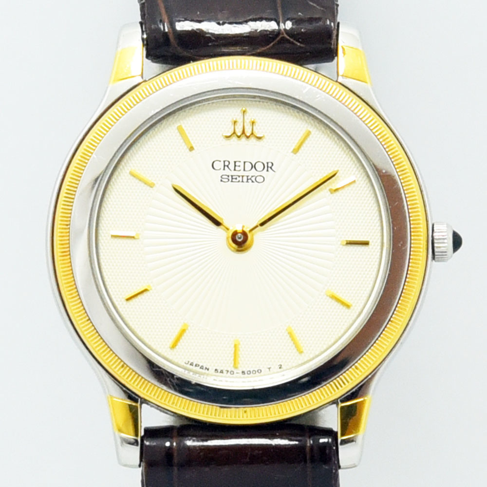 セイコー 中古 レディース SEIKO クレドール CREDOR 5A70-2000 クォーツ SS ステンレススチール 18KT レザー アイボリー_画像1