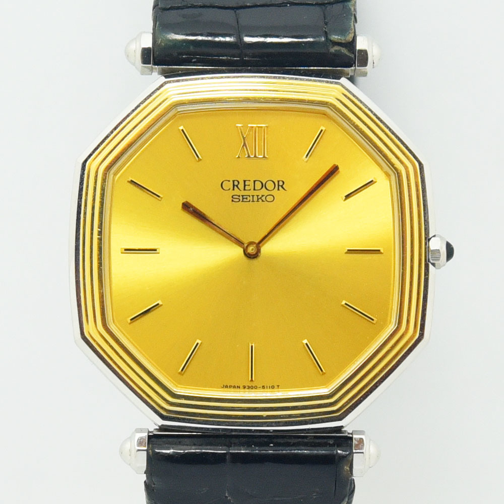 セイコー 中古 メンズ SEIKO クレドール CREDOR 9300-5060 クォーツ SS ステンレススチール 14K レザー ゴールド_画像1