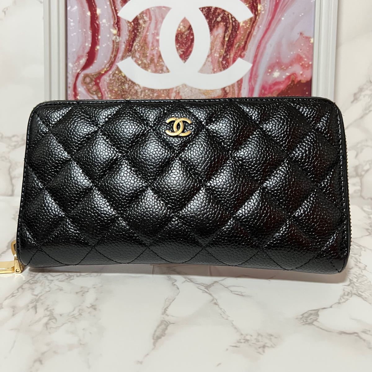 シャネル CHANEL マトラッセ キャビアスキン ラウンドファスナー 長