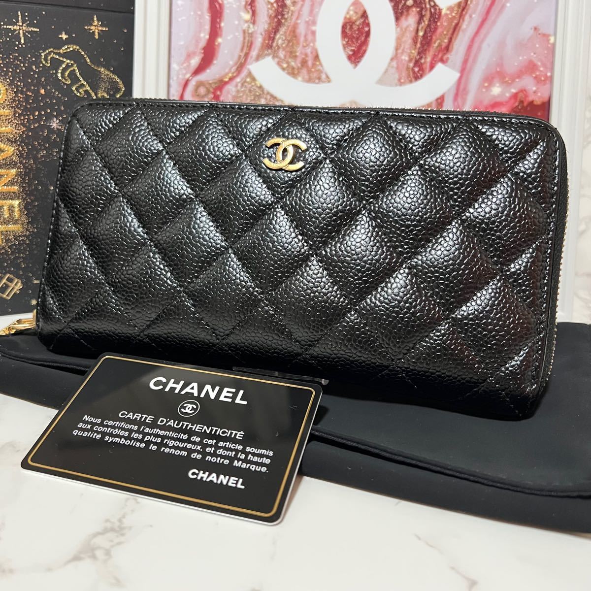 シャネル CHANEL マトラッセ キャビアスキン ラウンドファスナー 長