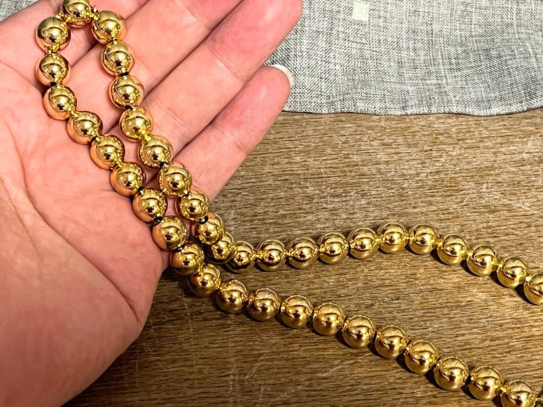 ノーブランド ハンドメイド ブラス 真鍮製 丸玉 ボール ネックレス 数珠 イエローゴールド 金色_画像2