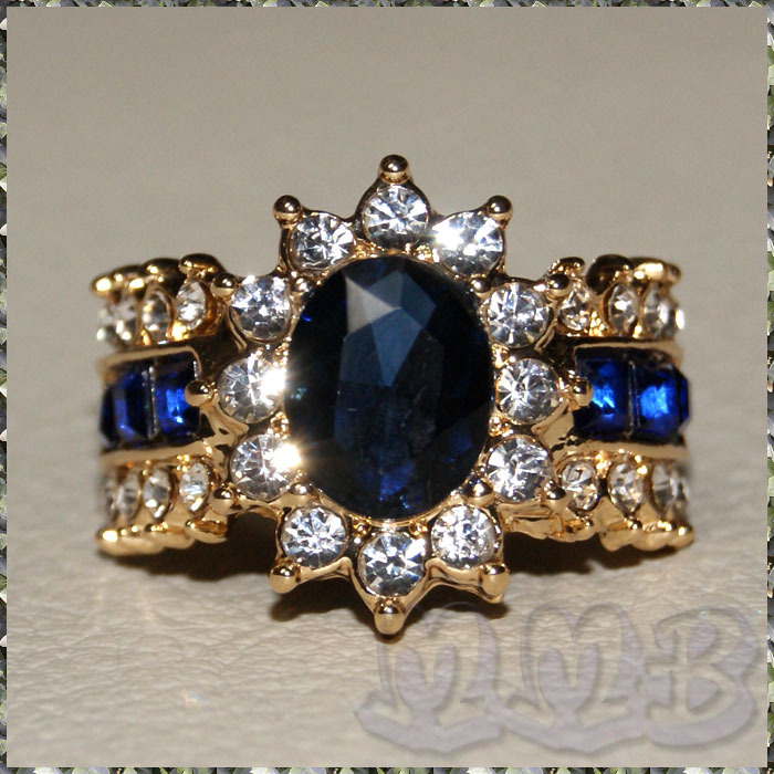 [RING] Luxury Sapphire Blue Cz ラグジュアリー オーバル サファイアブルーCZ 18mm ワイド イエロー ゴールド リング 22号 【送料無料】の画像3