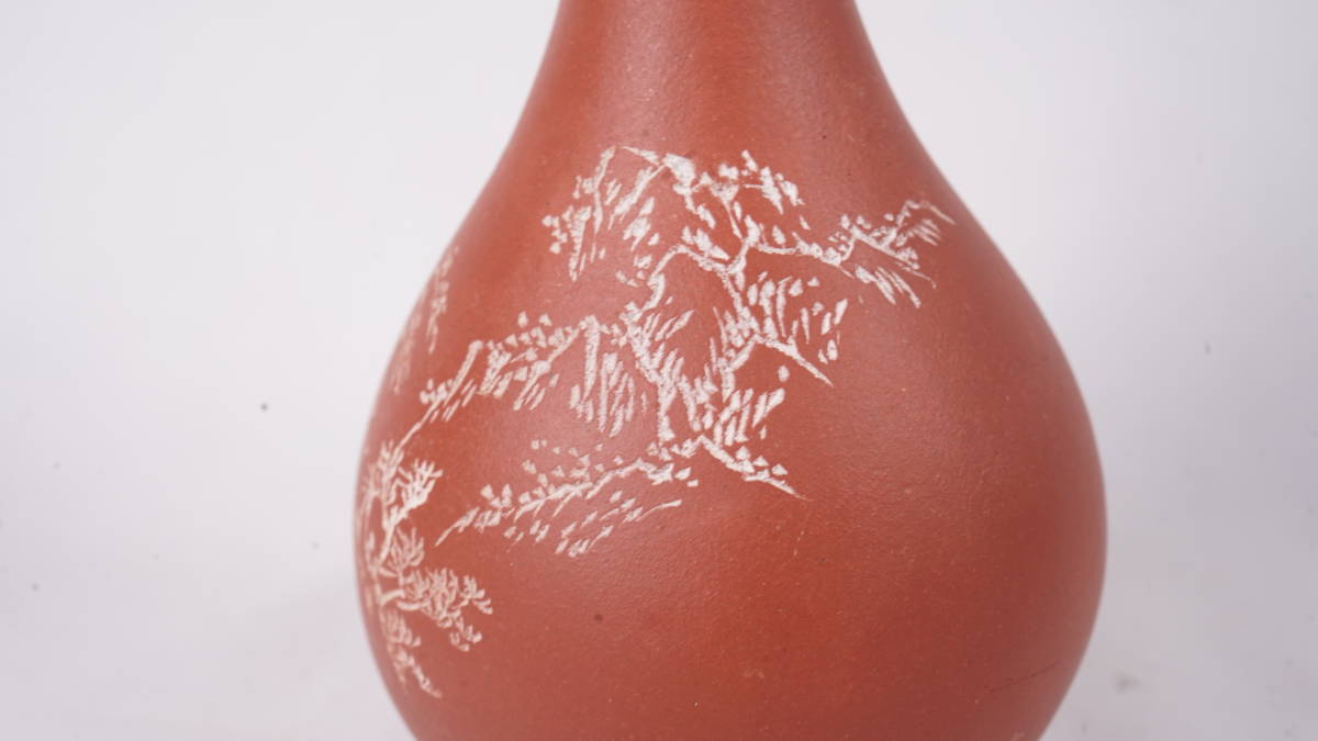 1001-11 唐物 朱泥 花瓶 2点セット 刻あり 花入 花器 花道具 中国古美术 古玩 中国アンティーク サイズ：7cm×11.2cm