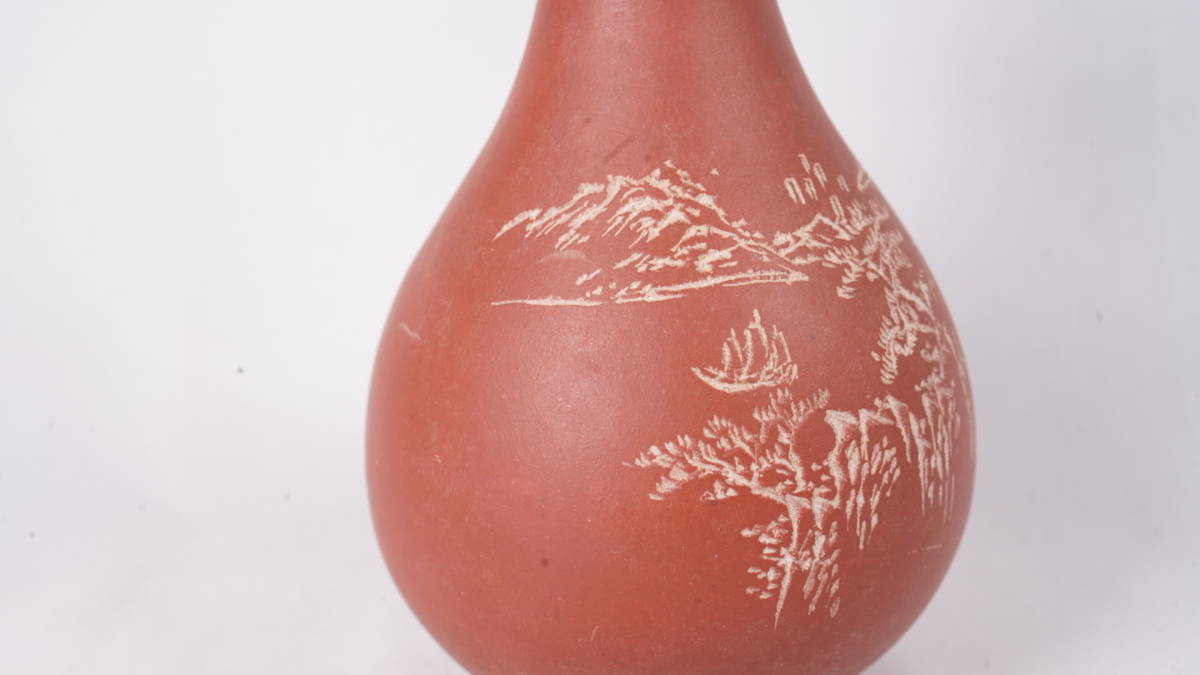 1001-11 唐物 朱泥 花瓶 2点セット 刻あり 花入 花器 花道具 中国古美术 古玩 中国アンティーク サイズ：7cm×11.2cm