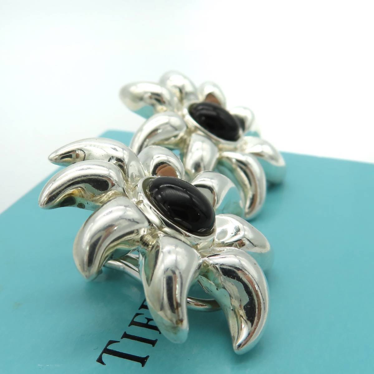  rare beautiful goods Tiffany&Co. Vintage Tiffany black onyx flower silver earrings SV925 QQ47