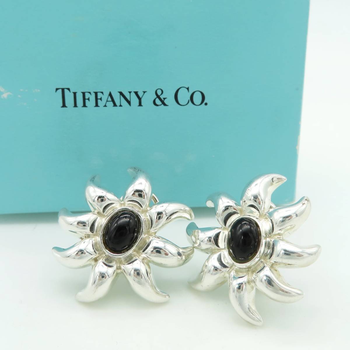  rare beautiful goods Tiffany&Co. Vintage Tiffany black onyx flower silver earrings SV925 QQ47