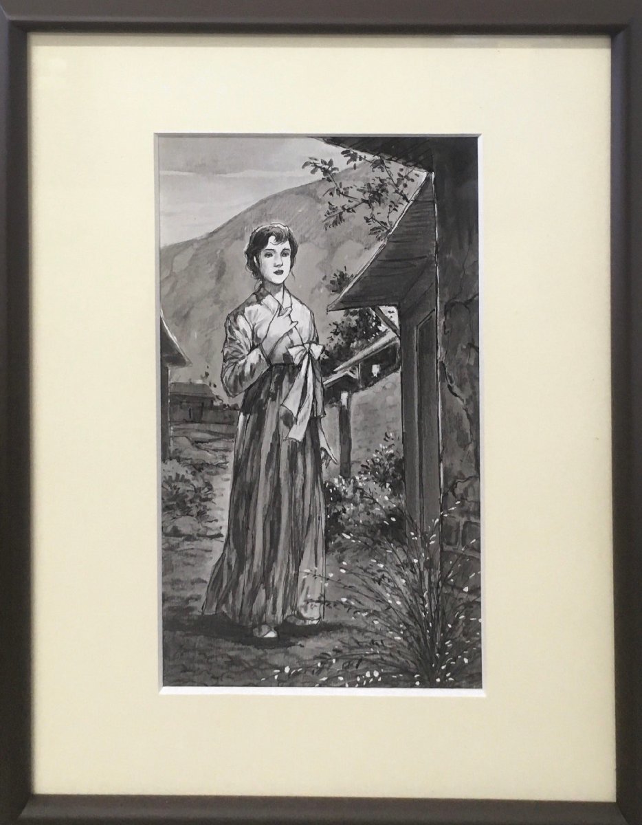 『4年保証』 真作保証品『山田えいじ 朝鮮女性』額装 肉筆画 サイン、直筆画