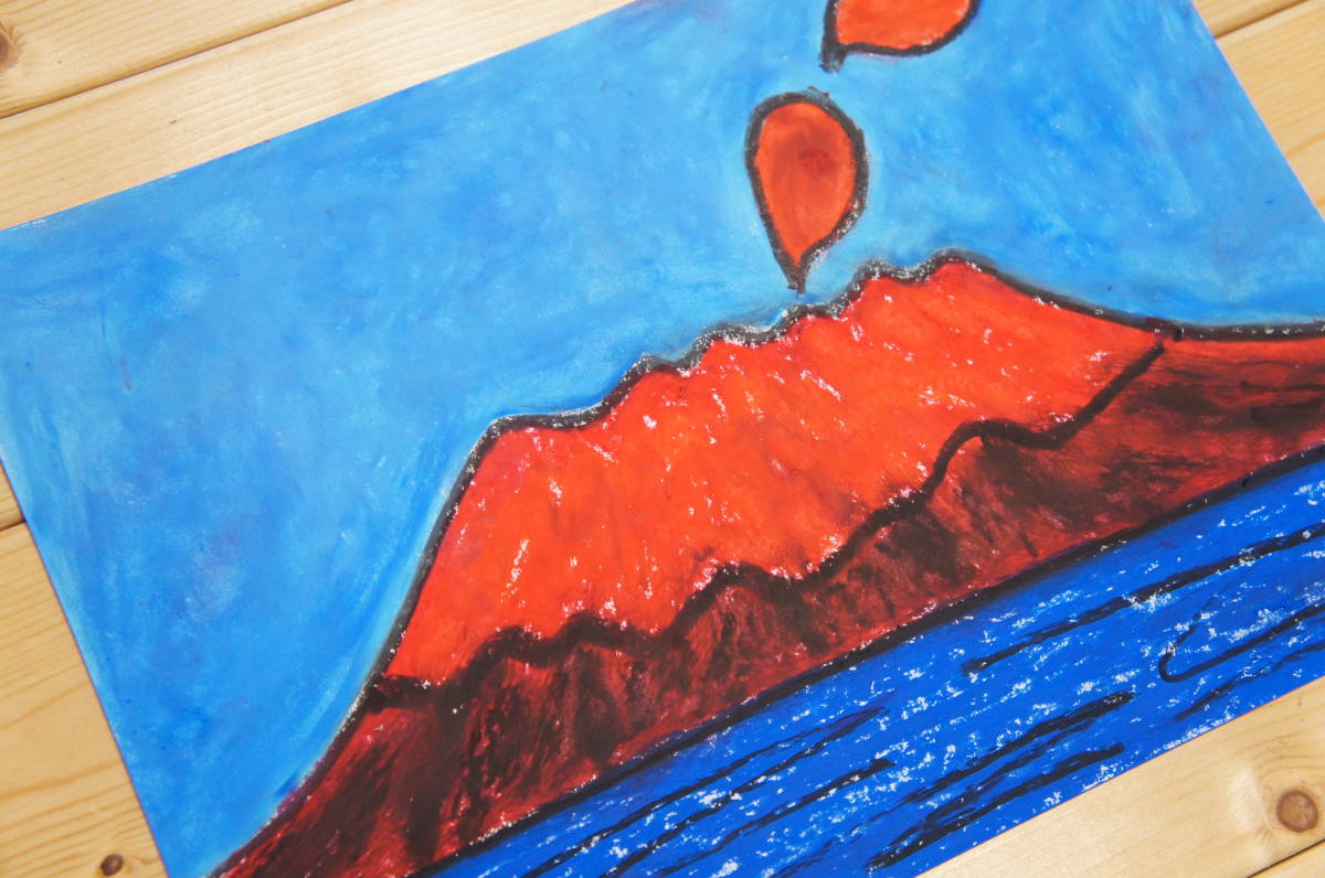 [ red Sakura island ] hand .. autograph crayon picture landscape painting picture 506,Crayon painting, oil pastel painting, original art, Sakura island 