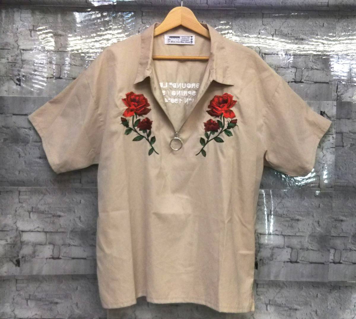 LEGENDA レジェンダ Half Zip Rose Embroidery Short Sleeve 半袖シャツ ハーフジップ 薔薇刺繍 サイズF ベージュ_画像3