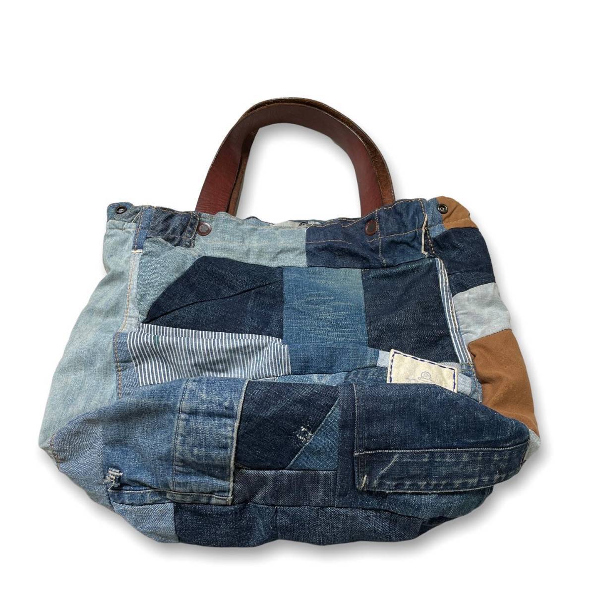 RRL RALPH LAUREN Denim Patchwork Leather Handle Tote Bag RRL RALPH LAUREN Denim Patchwork Leather Handle Tote Bag