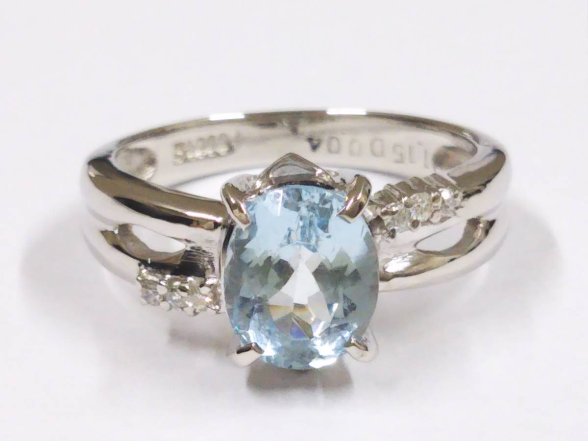 クリーニング済】Pt900 プラチナ リング 天然アクアマリン1.15ct