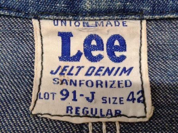 【ヴィンテージ 40's～50's】Lee JELT DENIM SANFORIZED 91-J デニムカバーオール メンズ サイズ42 インディゴ【管理番号2】_画像7