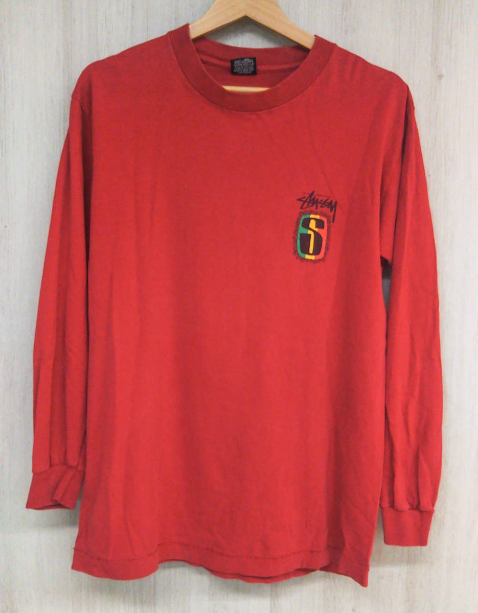 OLD STUSSY オールドステューシー 80s 長袖Tシャツ IRIEROOTS 黒タグ レッド 赤 米国製 MADE in USA コットン メンズ [M]_画像1