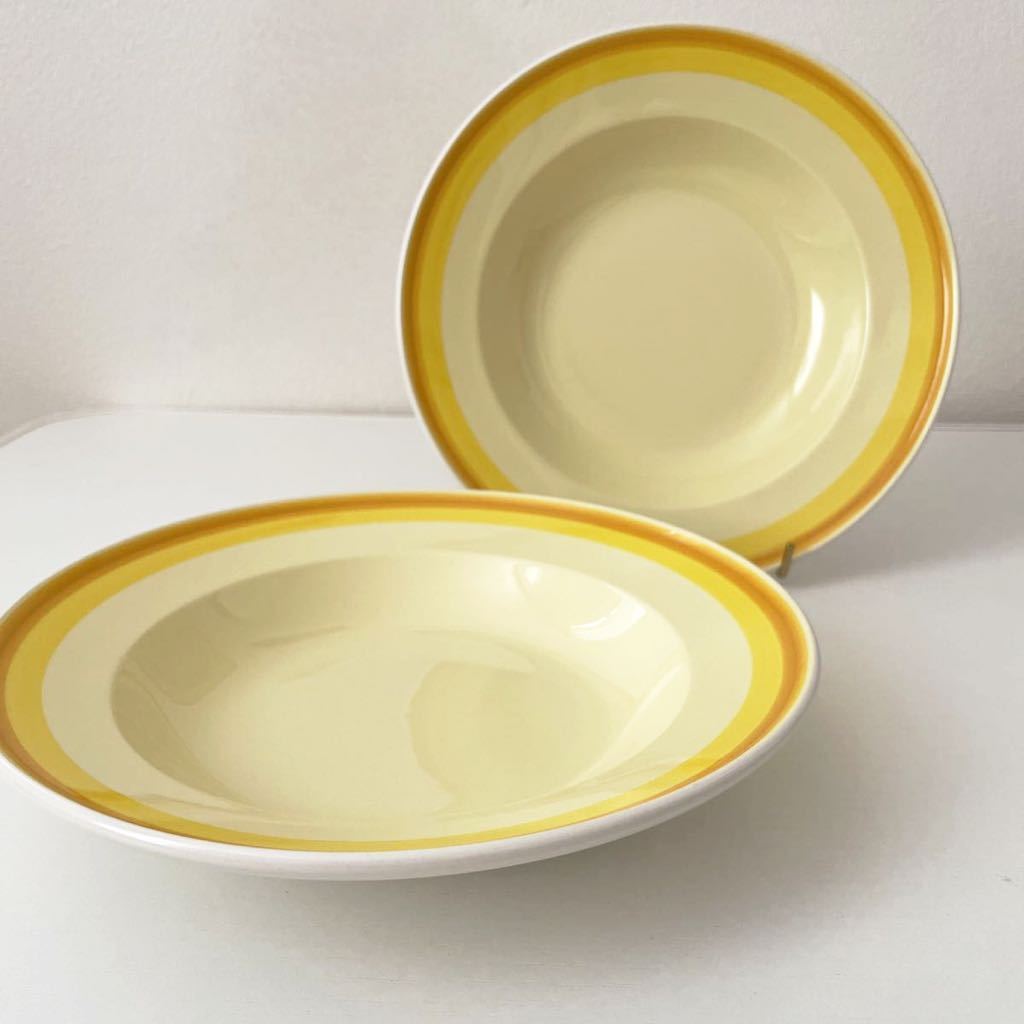 【ヴィンテージ】 mikasa ミカサ C4300 Hi-Land PLAYMATES スープ皿 ペア 2枚セット カレー 食器 昭和レトロ 黄色 イエロー 日本製 陶器の画像1