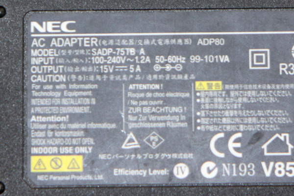 NEC/純正ACアダプター ◆ADP80/15V 5A/外径約6.5mm 内径約3mm◆ NECAC15V34Yの画像3