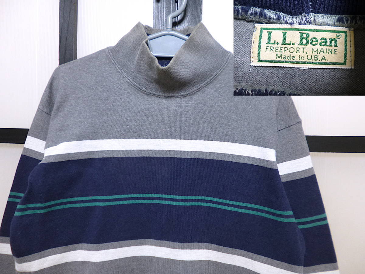 US古着 90s LLビーン モックネック ボーダー柄 ロングT シャツ USA製 / LL BEAN エルエルビーン ロンT ハイネック アメリカ製 アウトドア