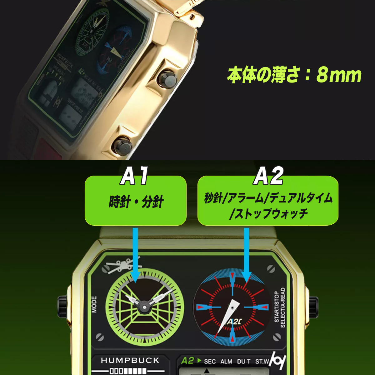 6ヶ月保証 未使用 アウトレット アナデジテンプ ブラック グリーン ANA-DIGI TEMP 6 デジアナ 温度計 腕時計 復刻デザイン メンズ 男性_画像5