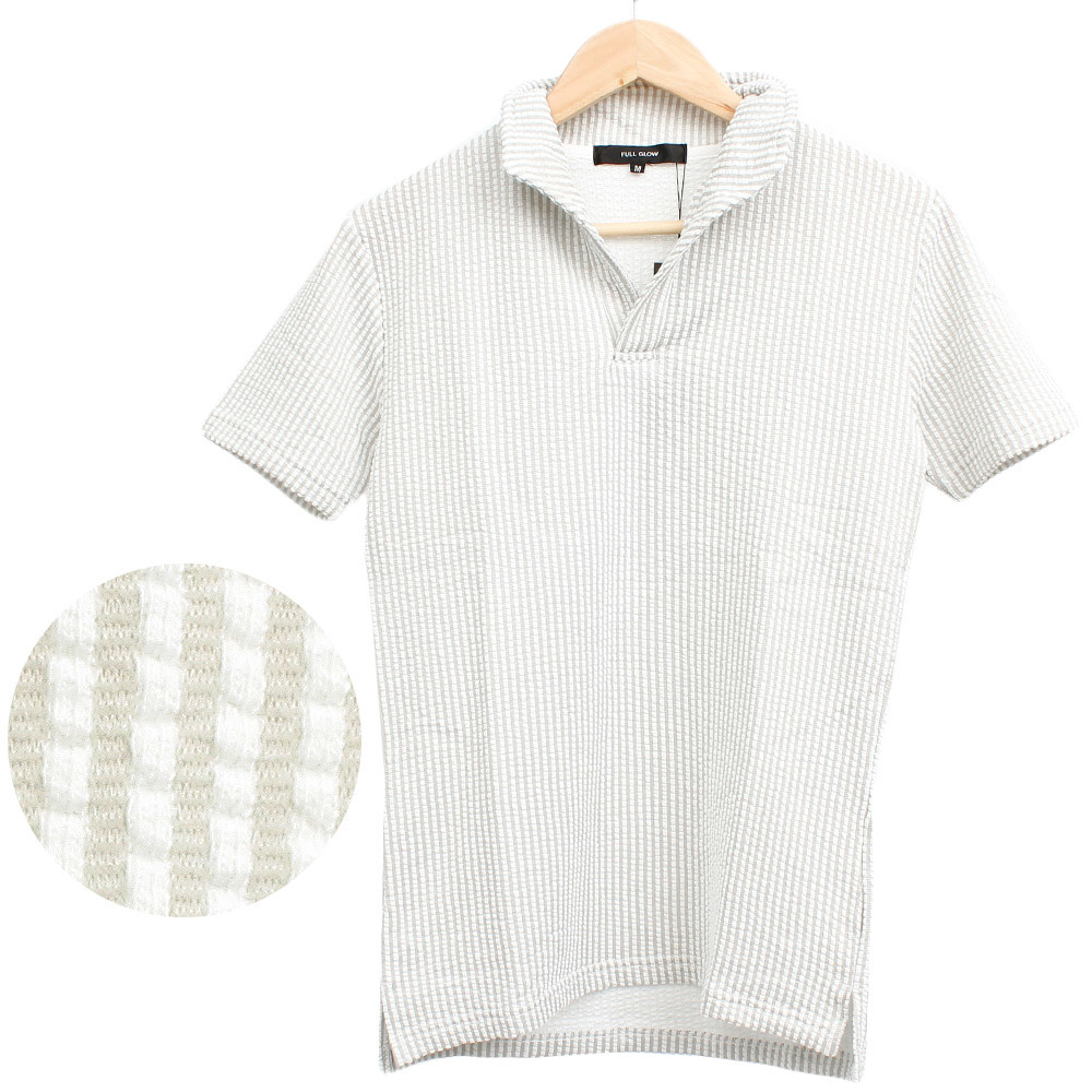 【新品】 M ホワイト×グレー ポロシャツ メンズ 半袖 シアサッカー イタリアンカラー Tシャツ スキッパー カットソー_画像5