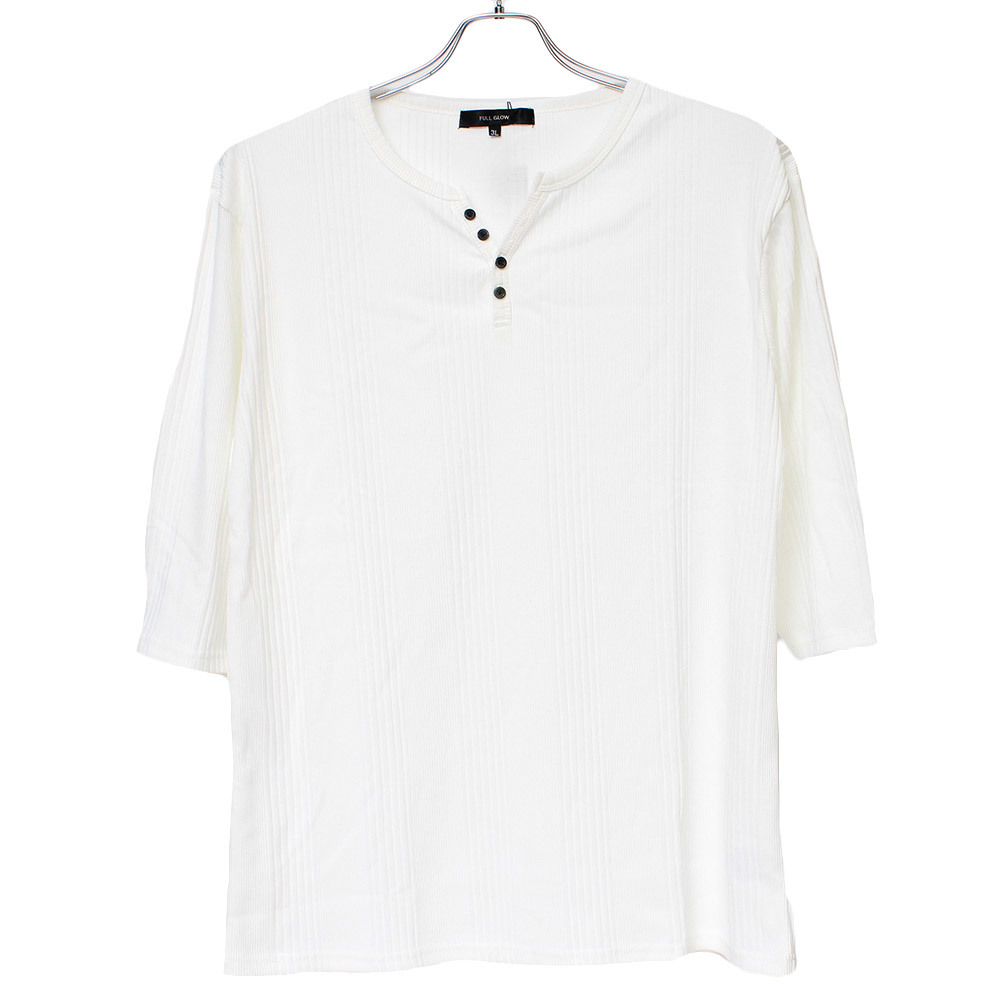 【新品】 3L ホワイト 7分袖 Tシャツ メンズ 大きいサイズ ヘンリーネック 無地 ランダム テレコ素材 ストレッチ カットソー_画像3