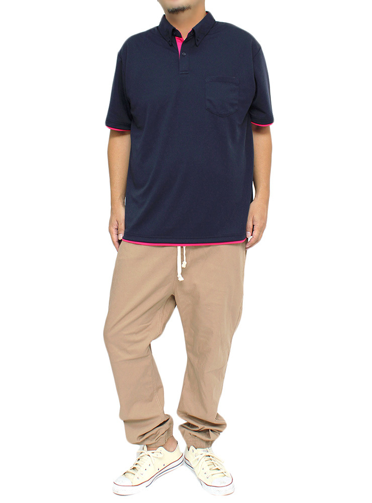【新品】 5L ネイビー×ピンク ポロシャツ メンズ 大きいサイズ 吸汗速乾 ドライ メッシュ 無地 ポケット付き レイヤード ボタンダウン 半_画像2