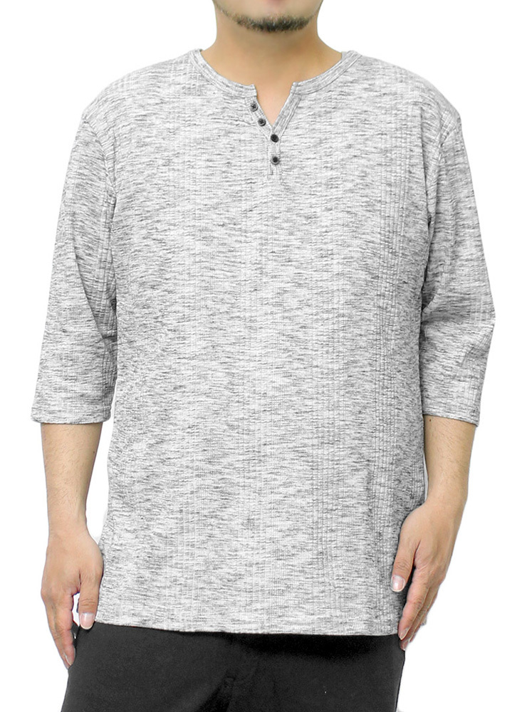【新品】 4L 杢ブラック 7分袖 Tシャツ メンズ 大きいサイズ ヘンリーネック 無地 ランダム テレコ素材 ストレッチ カットソー_画像1