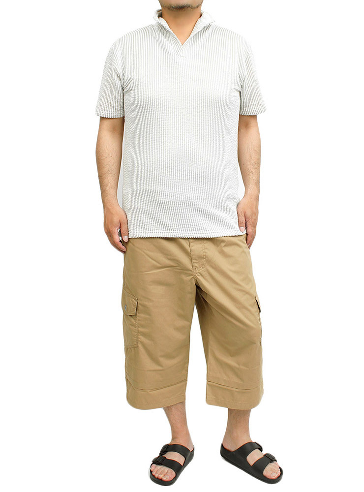 【新品】 M ホワイト×グレー ポロシャツ メンズ 半袖 シアサッカー イタリアンカラー Tシャツ スキッパー カットソー_画像3