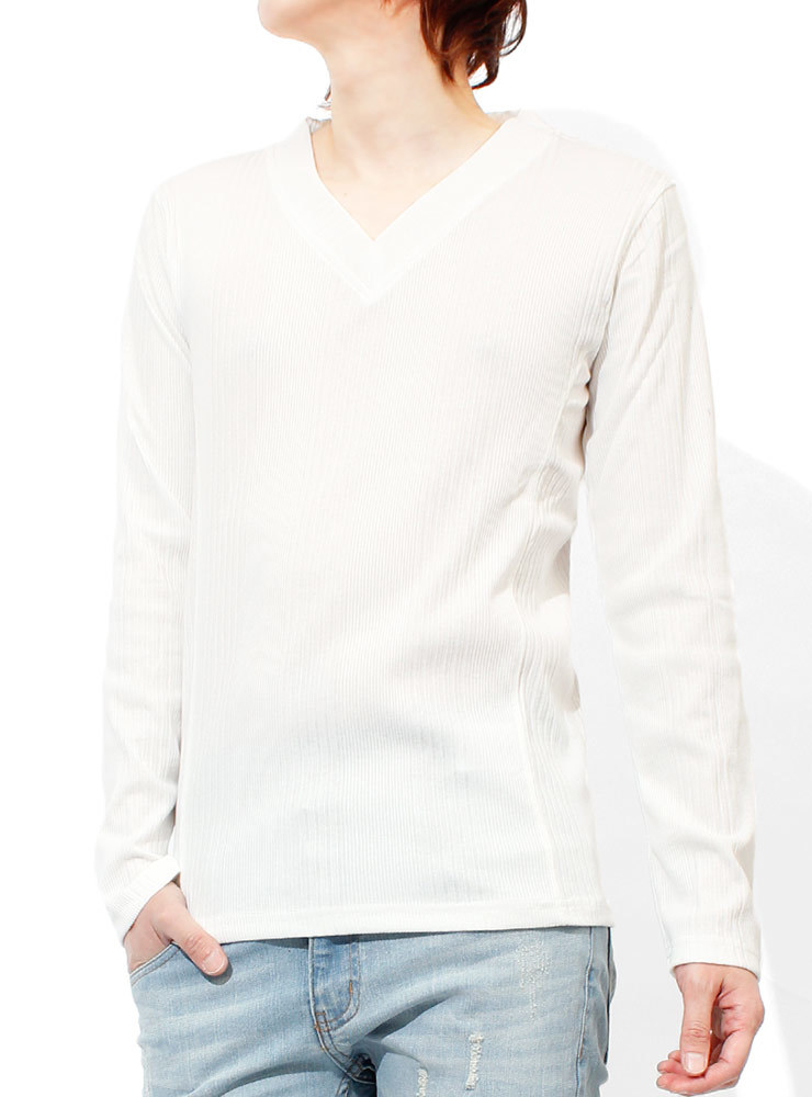 【新品】 M ホワイト(長袖) Tシャツ メンズ 大きいサイズ 小さいサイズ Vネック 長袖 無地 テレコ素材 ストレッチ カットソー_画像1