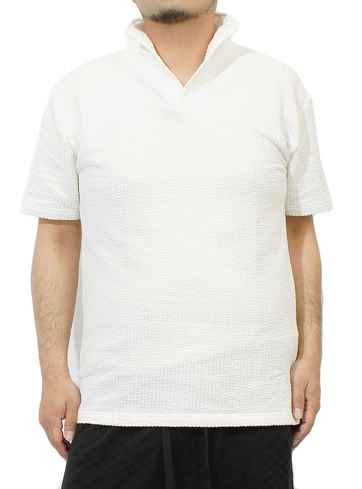 【新品】 3L ホワイト ポロシャツ メンズ 大きいサイズ 半袖 シアサッカー イタリアンカラー Tシャツ スキッパー カットソー_画像1