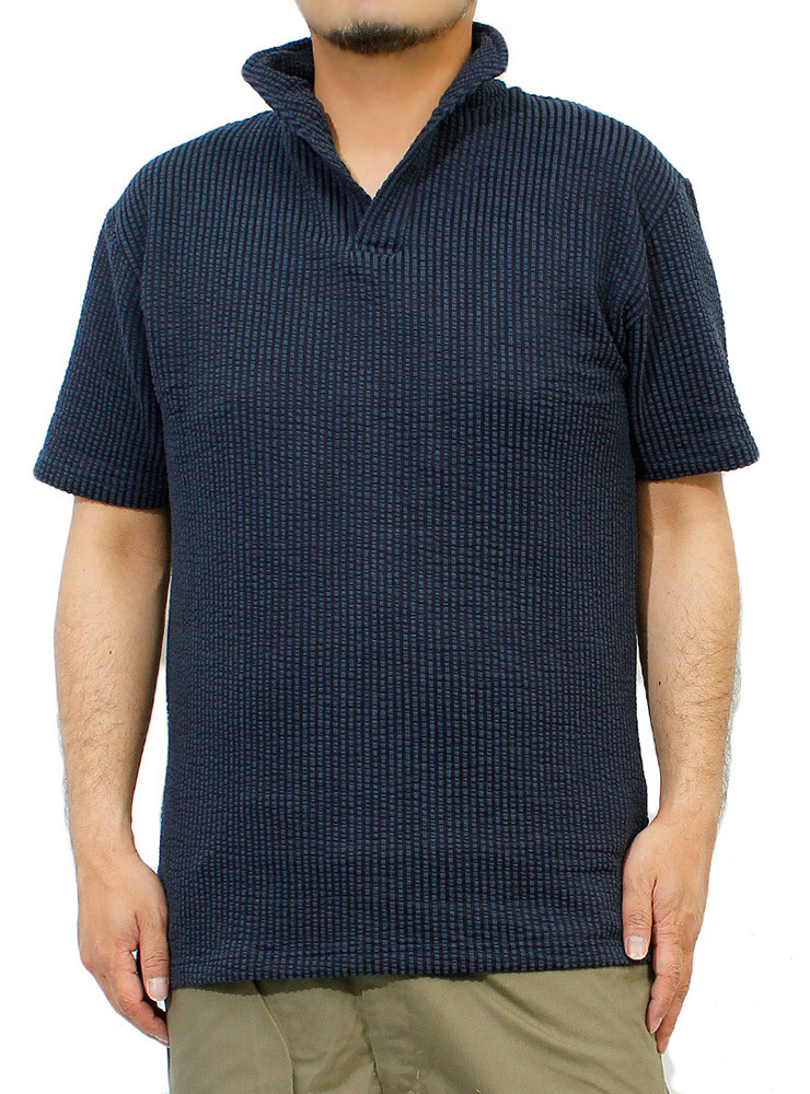 【新品】 4L ネイビー ポロシャツ メンズ 大きいサイズ 半袖 シアサッカー イタリアンカラー Tシャツ スキッパー カットソー_画像1