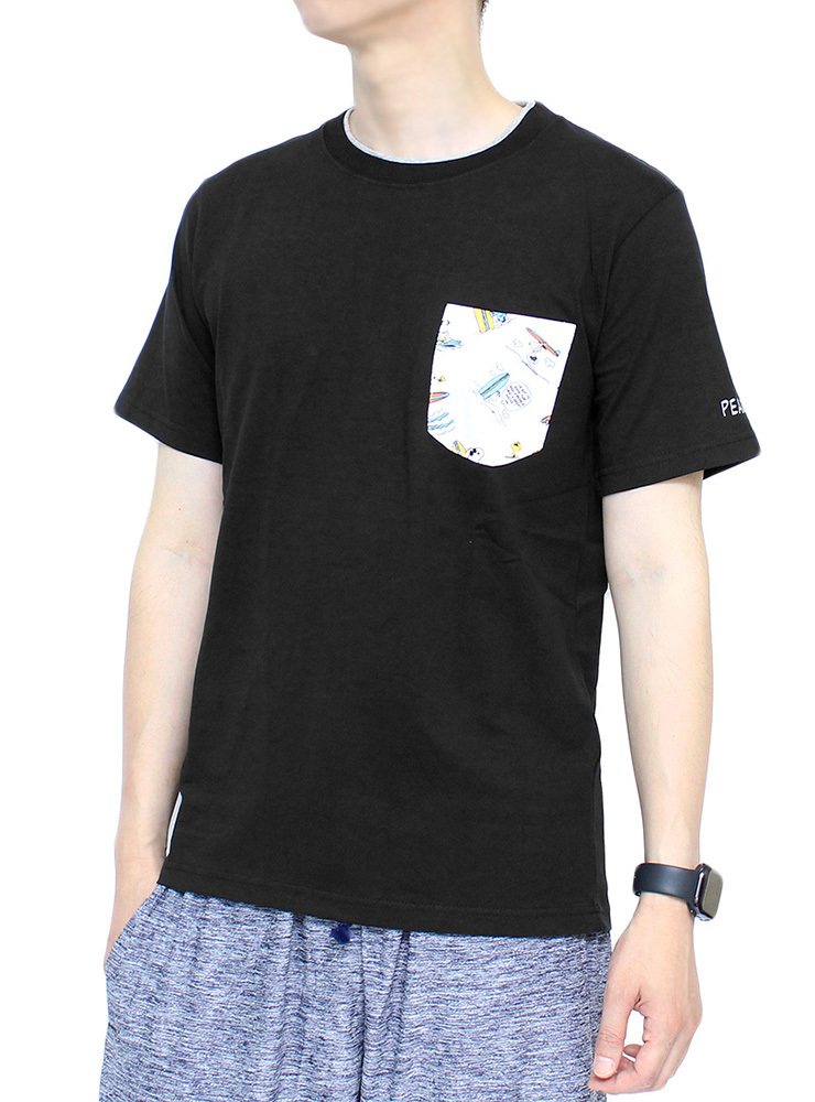 【新品】 M ブラック PEANUTS(ピーナッツ) 半袖 Tシャツ メンズ SNOOPY スヌーピー ポケット プリント クルーネック カットソー_画像1