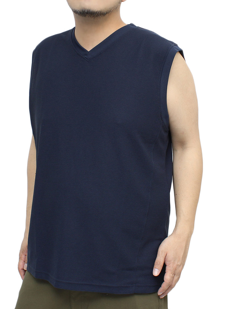【新品】 2L ネイビー DISCUS(ディスカス) ノースリーブ Tシャツ メンズ 大きいサイズ Vネック ドライ ワッフル 吸汗速乾 消臭 抗菌 タンク_画像1