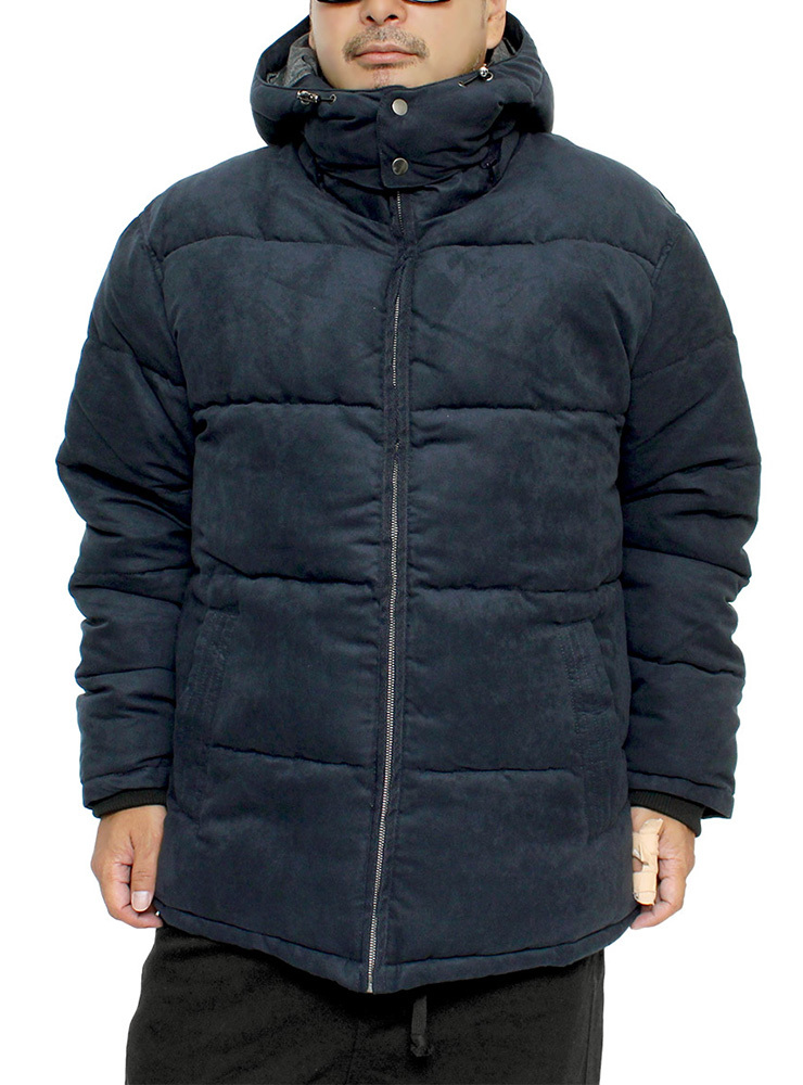 【新品】 2L ネイビー 中綿 ダウンジャケット メンズ 大きいサイズ スウェード風 フード付き 防寒 厚手 ボリュームネック ブ