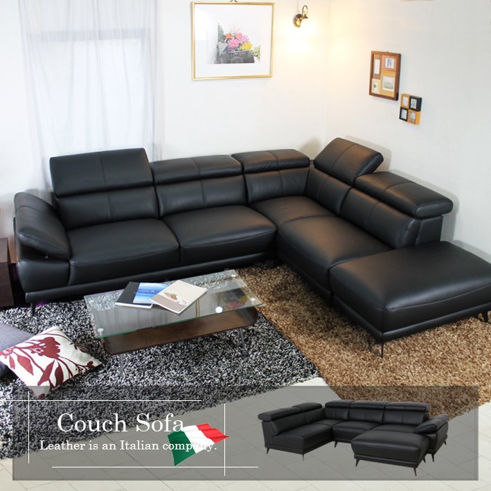 [送料 搬入設置無料] 新品 未使用 大きい カウチソファ イタリア社製厚革 ブラック [カウチ座：座って左右選べます] Vito-2p-couch-ot m99