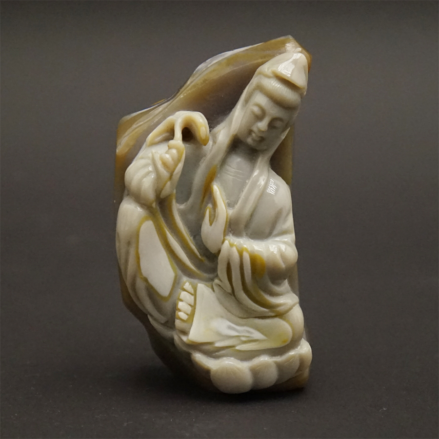 中国美術 メノウ 瑪瑙 原石 観音童子彫細工 精密彫り 時代 骨董 東洋 