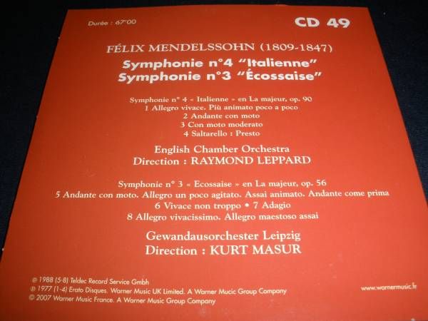 マズア メンデルスゾーン 交響曲 3番 スコットランド 4番 イタリア ライプツィッヒ ゲヴァントハウス レッパード_マズア メンデルスゾーン 交響曲 3番＆4番