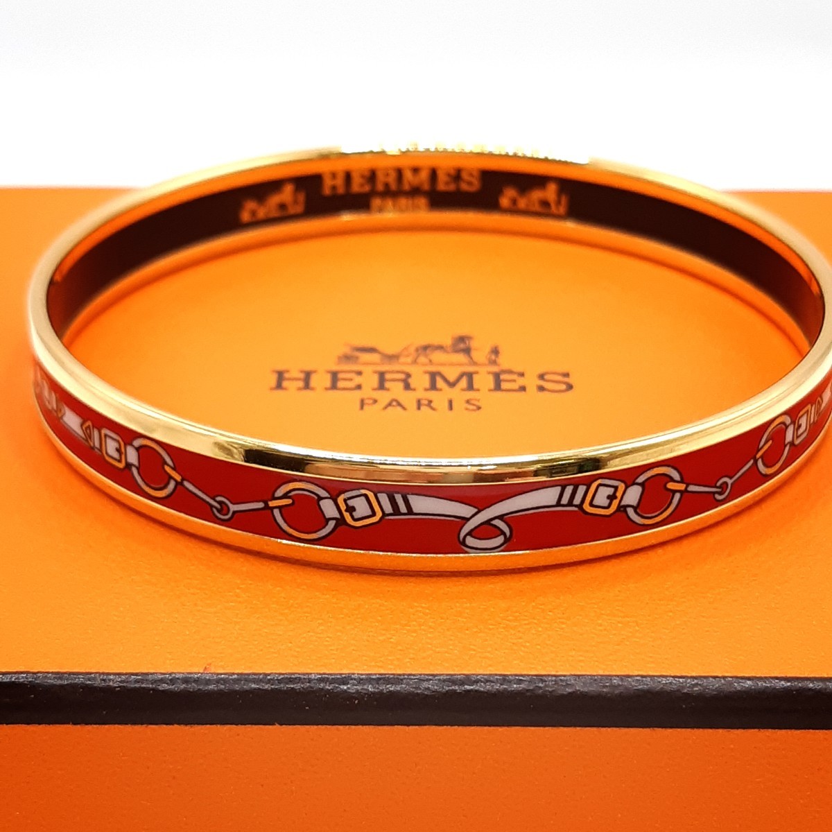 HERMES エルメス エマイユPM リボン バングル 七宝焼 ゴールド レッド