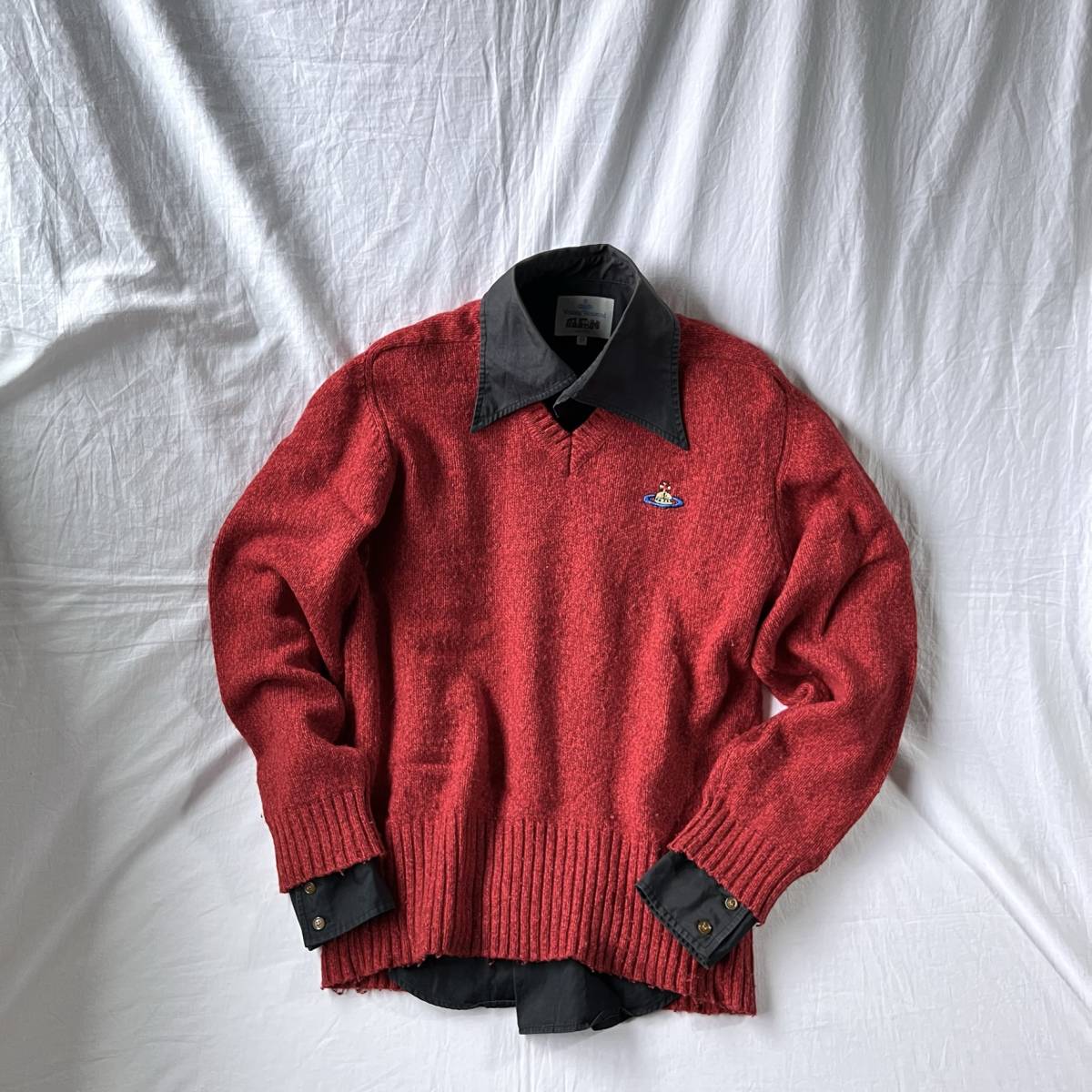 Vintage◆Vivienne westwood MAN ヴィヴィアンウエストウッド マン オリゾンティ期 Vネック セーター ニット レッド  アーカイヴ メンズ