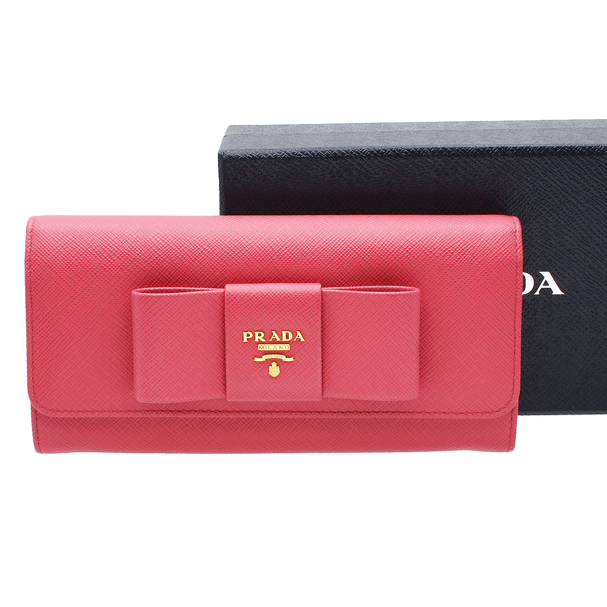 ★X1638 超美品!! プラダ リボン サフィアーノ レザー 二つ折 長財布 1MH132 PEONIA ピンク PRADA レディース★_画像1