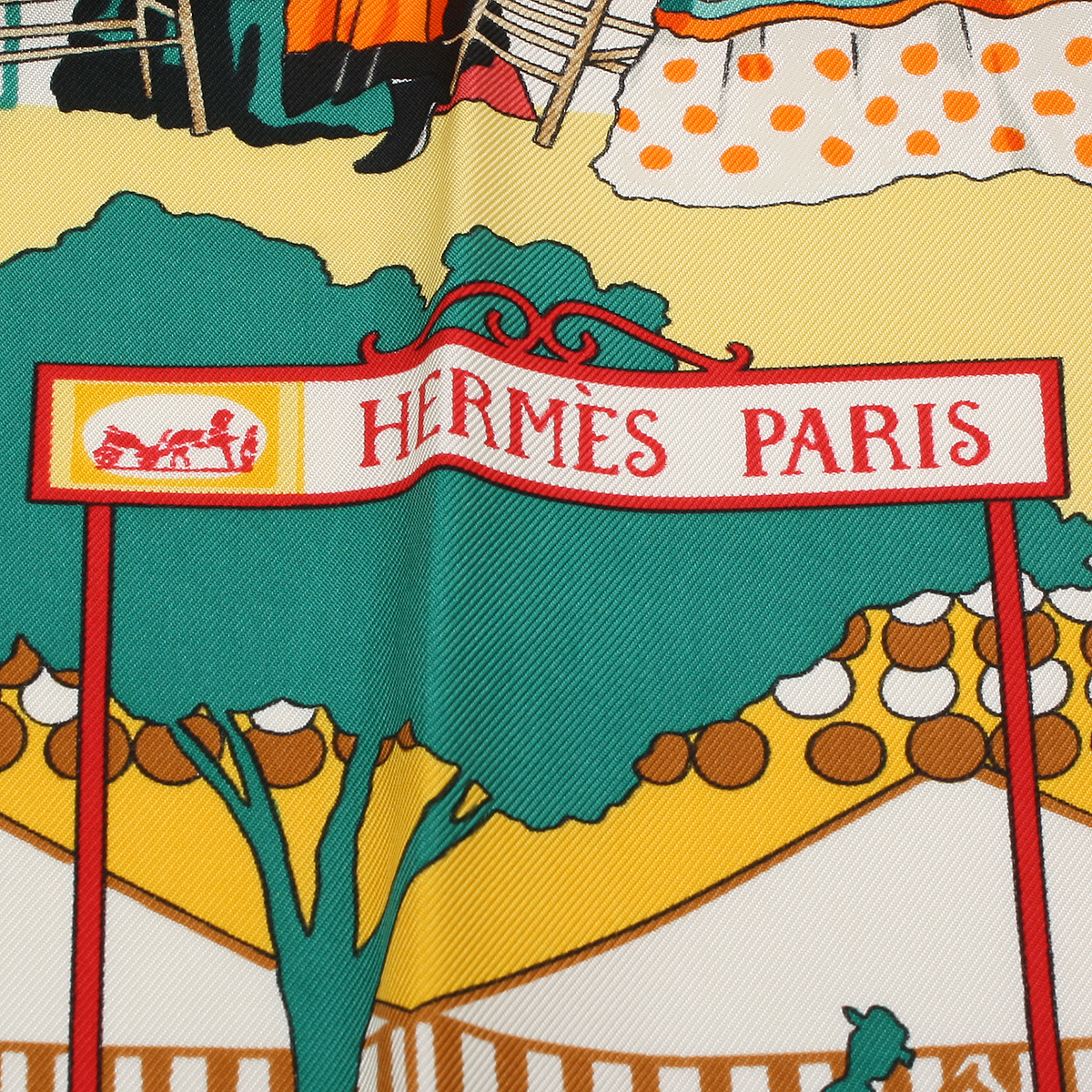 ★X1076 未使用!! エルメス カレ90 FERIA DE SEVILLA セビリアの休日 シルク スカーフ ブラウン×イエロー系 HERMES レディース★_画像8