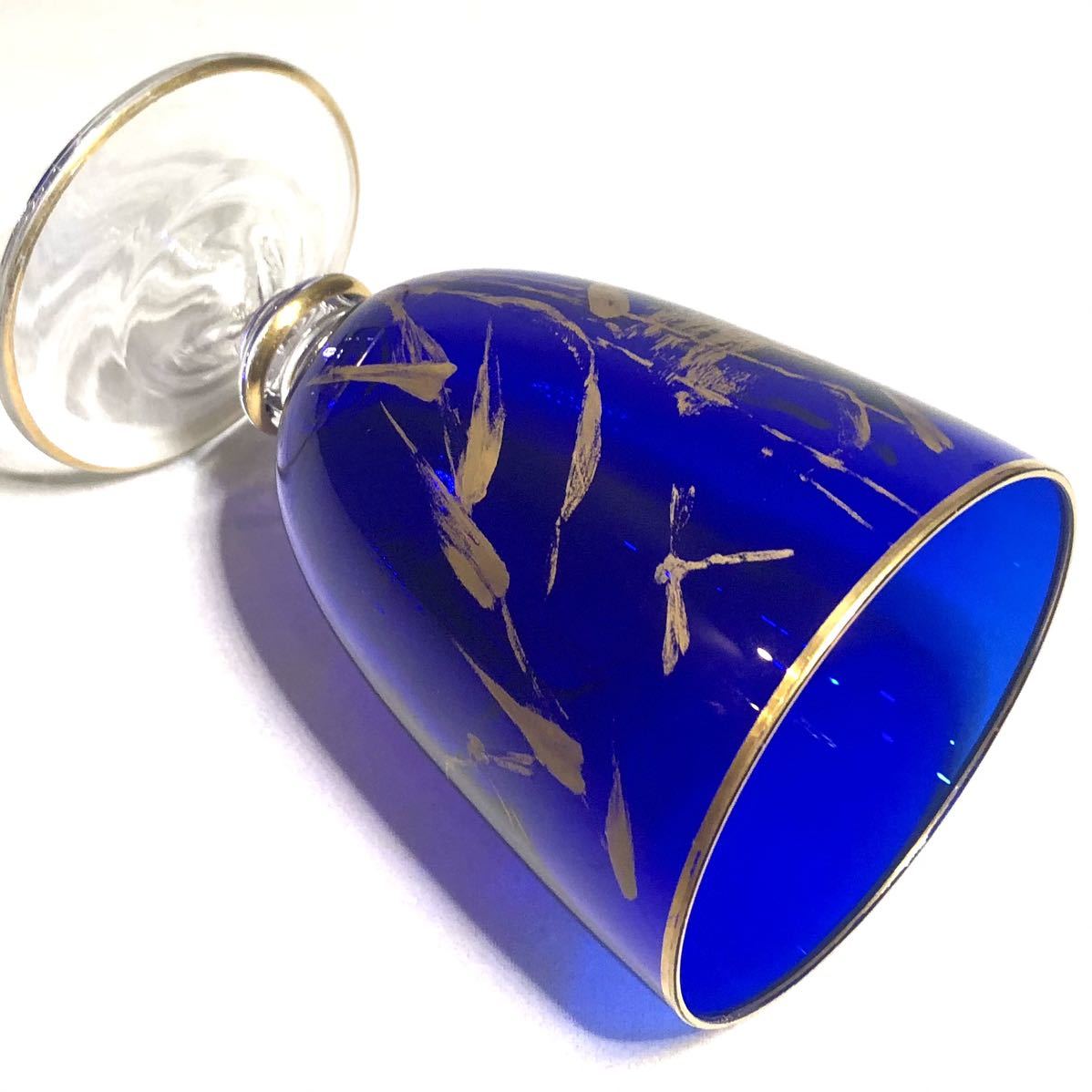Baccarat オールドバカラ/ ※稀少型 ジャポニスム金彩蜻蛉草花 濃青