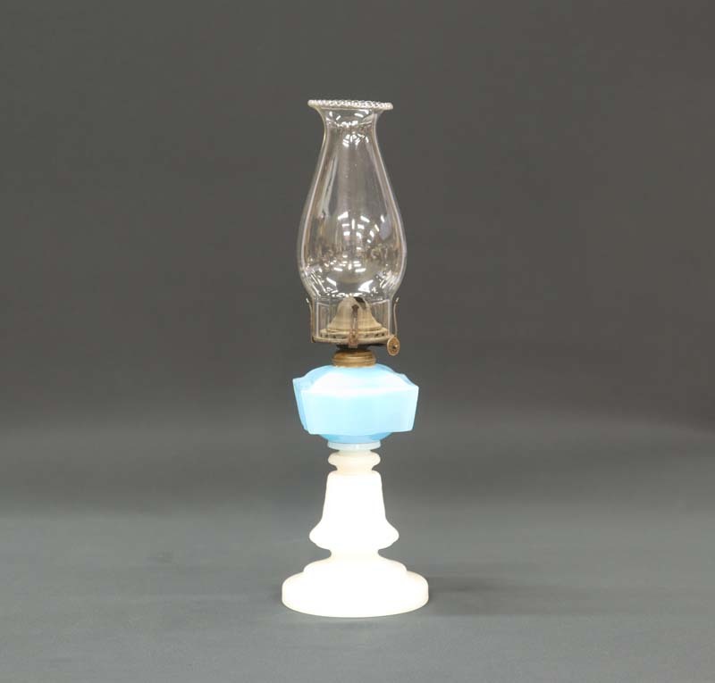 ■即決■ 明治ガラス トルコブルー角型油壺 卓上ランプ 高40.5cm 明治ランプ