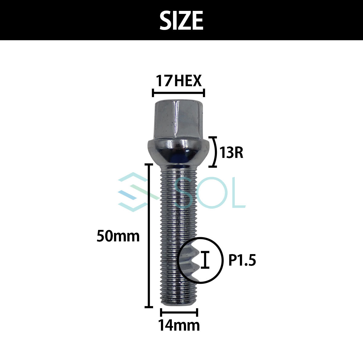 アウディ A1 S1 A3 S3 RS3 A4 S4 RS4 A5 S5 M14 P1.5 13R 球面 ホイールボルト 首下50mm 17HEX クロームメッキ 1本 出荷締切18時_画像4