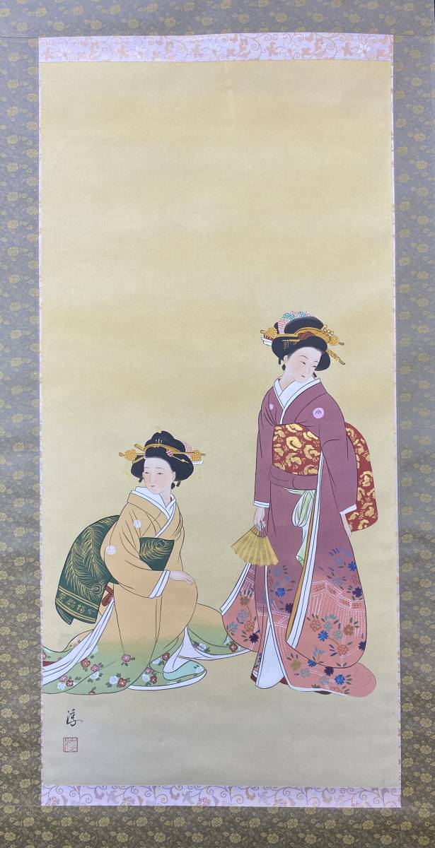 【模写】1円〜 掛軸 「中野淳 妹美女図」 絹本 肉筆保証 時代物 中国画 共箱_画像1