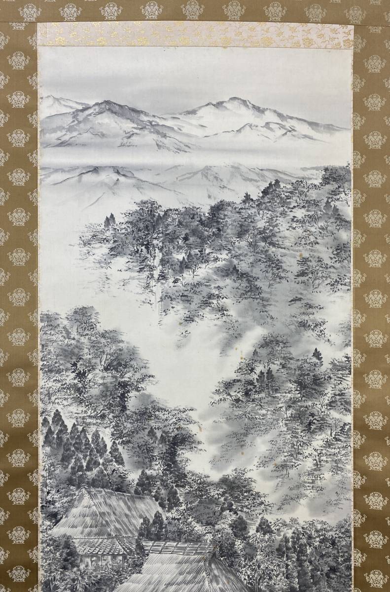 【模写】1円〜 掛軸 【江尻治泰】『山村風景図』出展作品 絹本 共箱 中国画 日本/書/花鳥図/山水図/人物図_画像2