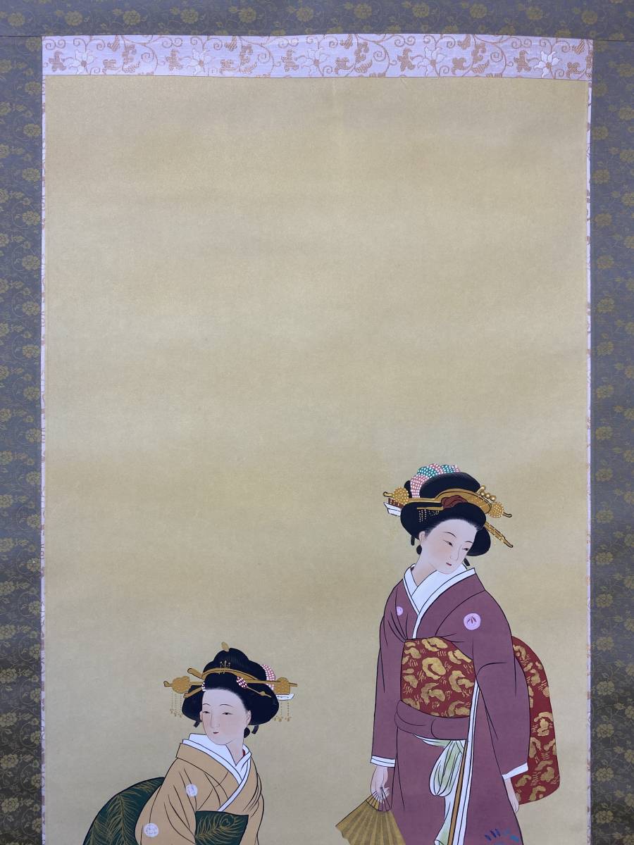 【模写】1円〜 掛軸 「中野淳 妹美女図」 絹本 肉筆保証 時代物 中国画 共箱_画像2