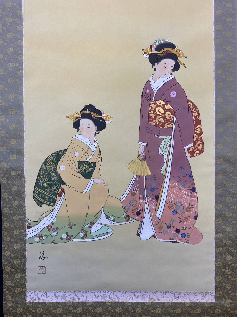 【模写】1円〜 掛軸 「中野淳 妹美女図」 絹本 肉筆保証 時代物 中国画 共箱_画像3